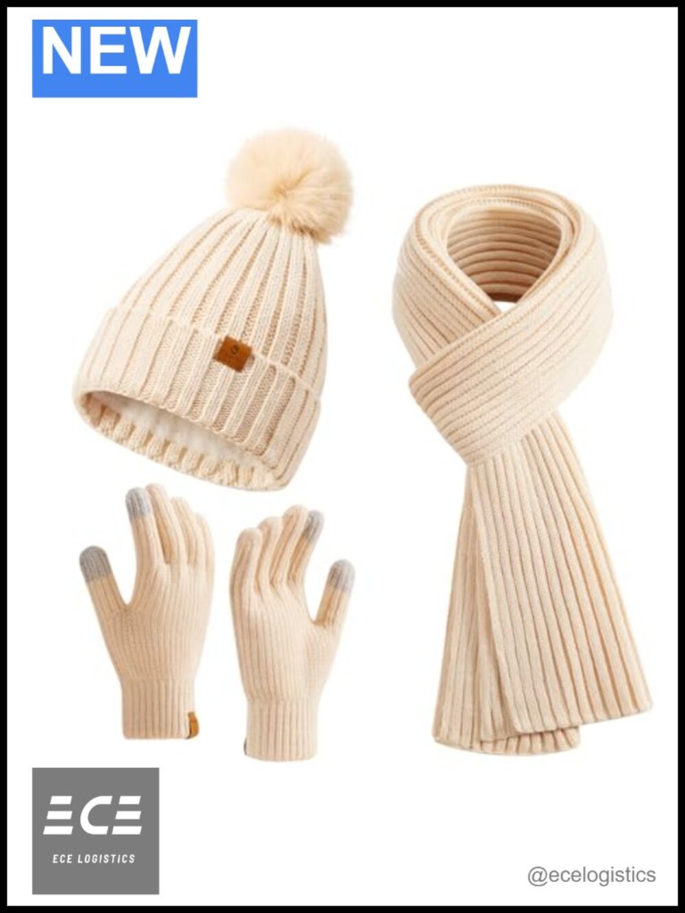 Womens 3 Piece Acrylic Beanie Scarf Gloves Set Winter Pom Pom Touchscreen